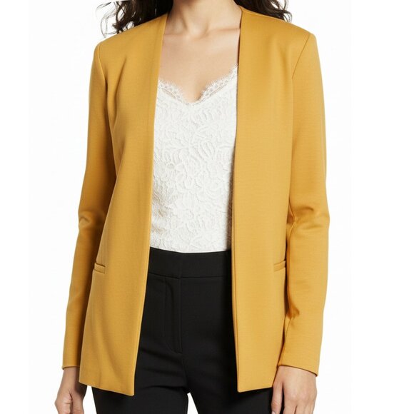 Revamped Jackets & Blazers - Womens Mustard Yellow Open Front Blazer Jacket Longline Office School Classic L